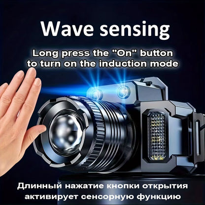 HXP50+COB LED Headlight Rechargeable Lithium Battery 1500Mah Head-Mounted Flashlight for Outdoor Camping Fishing Rock Climbing